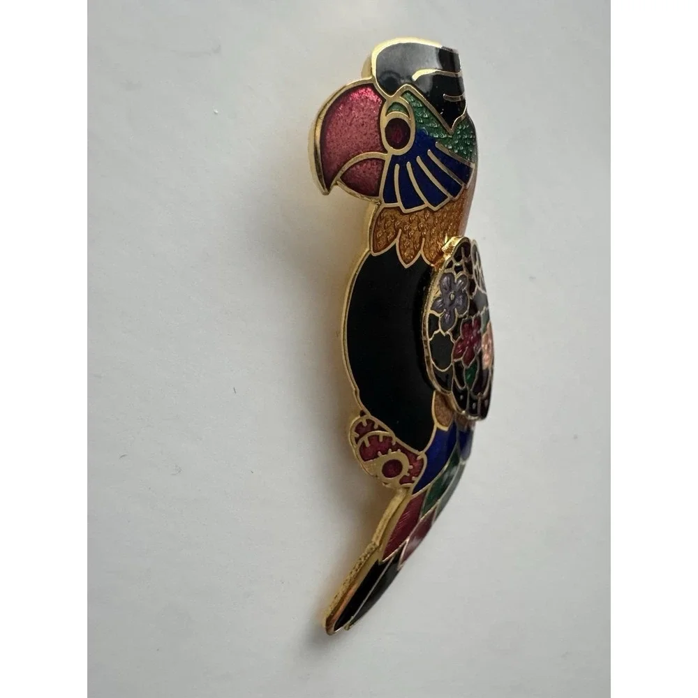 Vintage Cloisonné Enamel Macaw Parrot‎ Multicolor Gold Tone Brooch